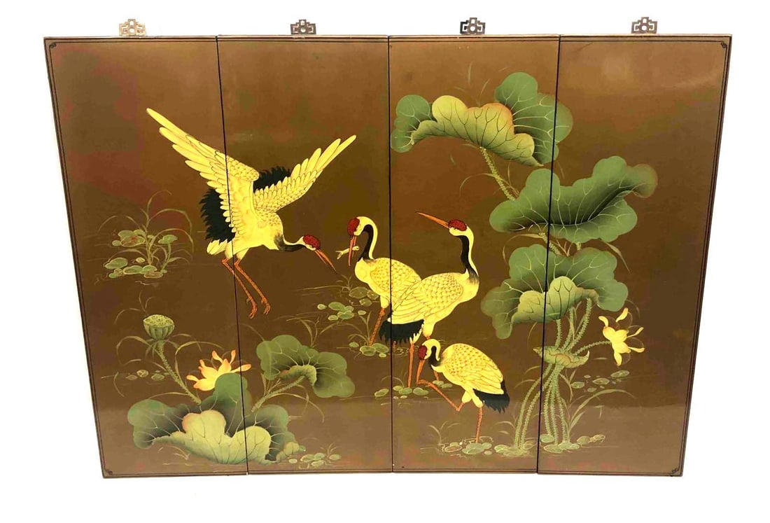 Vintage Japanese Lacquered Wood Wall Panels Set Of 4 (1 of 12)