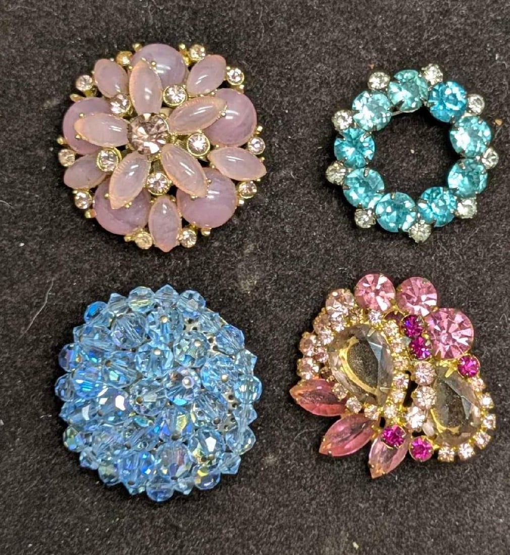 Vintage Unmarked Silver Gold Tone Rhinestone Cabochon Brooch Pins Lot Of 4 (1 of 6)