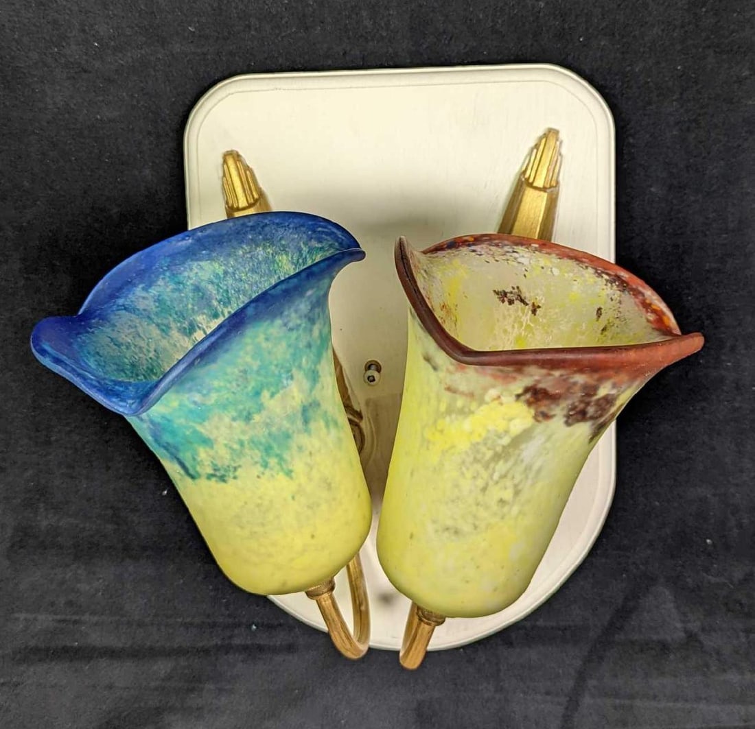 Colorful Muller Freres Style Glass & Wood Wall Sconces (1 of 6)