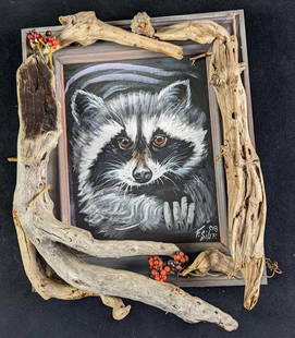 Original Acrylic On Panel Faye Silver Raccoon Art: Original Framed Panel On Canvas Faye Silver Raccoon Art. Add a little bit of nature to any wall in your home! A cute raccoon appears to peer at you from inside a tree. The original is signed by the