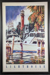 Framed Signed Jim Gerard Holehouse Lighthouse Poster Prin: Framed Signed Jim Gerard Holehouse Lighthouse Poster Print. The poster print was signed on the bottom left, next to the print signature. Was released by the New York Graphic Society in 2001. The