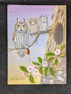 Great Horned Owl and Hatchlings by Karl Karalus: Subject: Great Horned Owl and HatchlingsSize: 12 x 9 Weight: 1lbMedium: Acrylic on BoardThis piece is NOT framed Karl Karalus (1926-2013) was an illustrator and wildlife painter. He was married to