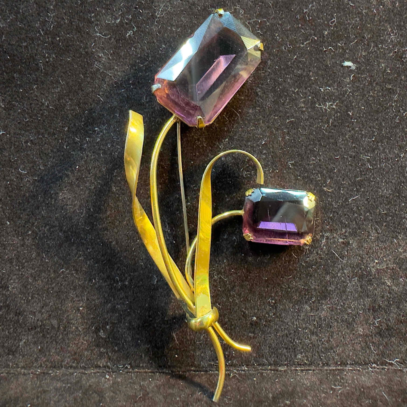 Coro Sterling Silver Gold Plated Purple Glass Mid Century Floral Style Brooch: This item is in good pre-owned, previously used/displayed condition with noticeable light wear, and surface scratches. Please reference all photos for full details. This piece of jewelry has been test