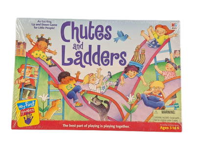Sealed Hasbro Chutes & Ladders Board Game: Chutes And Ladders from Hasbro. This edition was released in 1999. The box is wrapped in its original wrapping. The box is approx 15 3/4" x 1 1/2" x 10 1/2" and weighs 1.65lbs. The game is in a good,