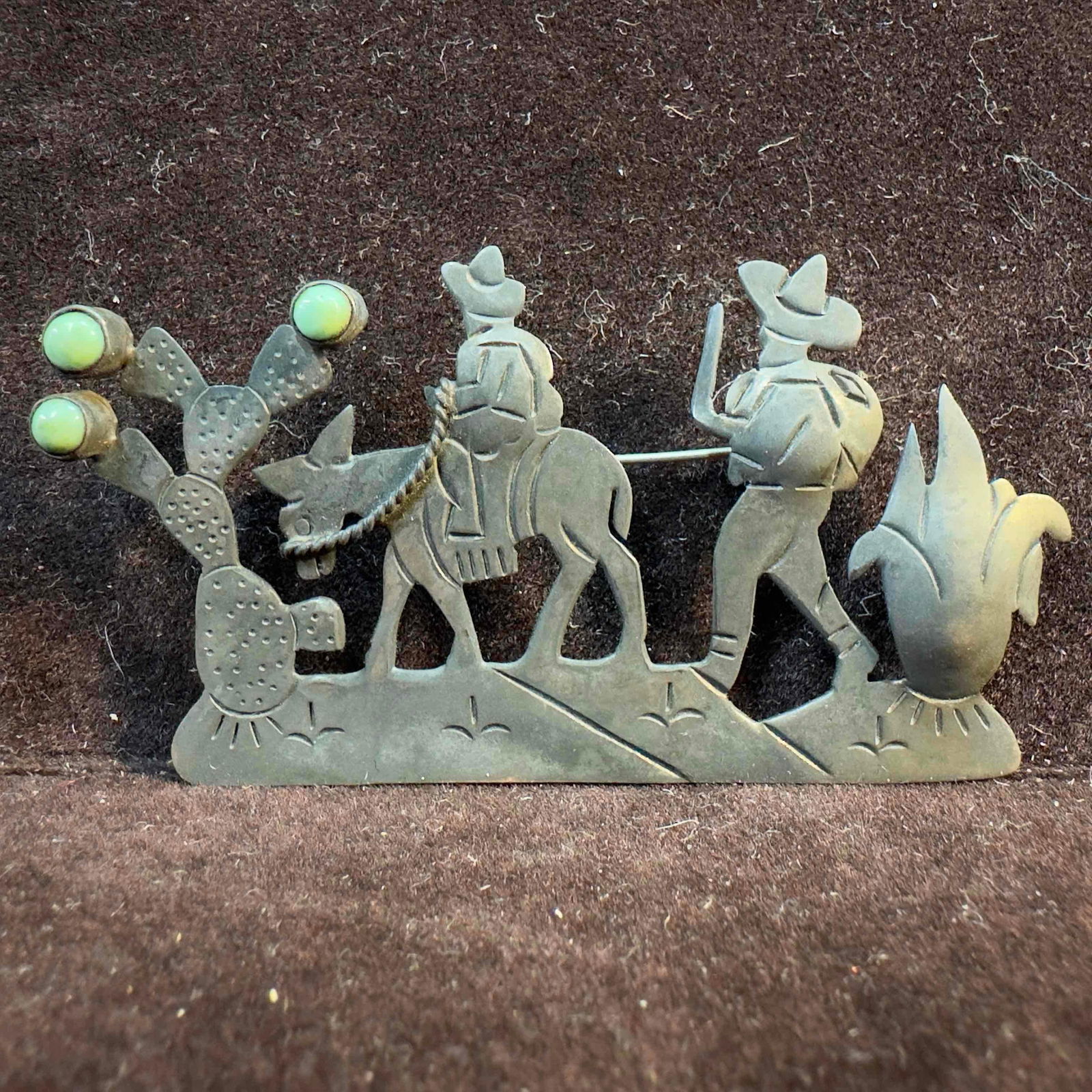 Green Turquoise Storyteller Travelers Mexican Cowboys Sterling Brooch: This item is in good pre-owned, previously used/displayed condition with noticeable light wear, and surface scratches. Please reference all photos for full details. This piece of jewelry has been test