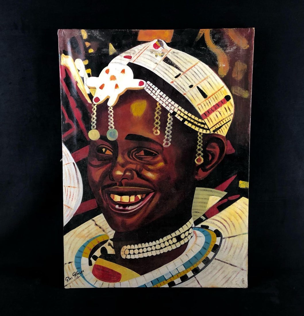 Original East Africa Masai Tribe Artist Ras kassa Oil On Canvas Woman Portrait: Original East Africa Masai Tribe Artist Ras kassa Oil On Canvas Woman Portrait.This authentic portrait with its bright colors is in good condition with a few chips on the top reveling glimpse of a pre