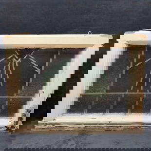 Architectural Salvage Stained Glass Geometric Shaped Design Art Deco Window: Architectural Salvage Stained Glass Geometric Shaped Design Art Deco Window. White wood stained glass window featuring yellow, green, and red colored glass. Rectangle shape. Salvaged house ware piece
