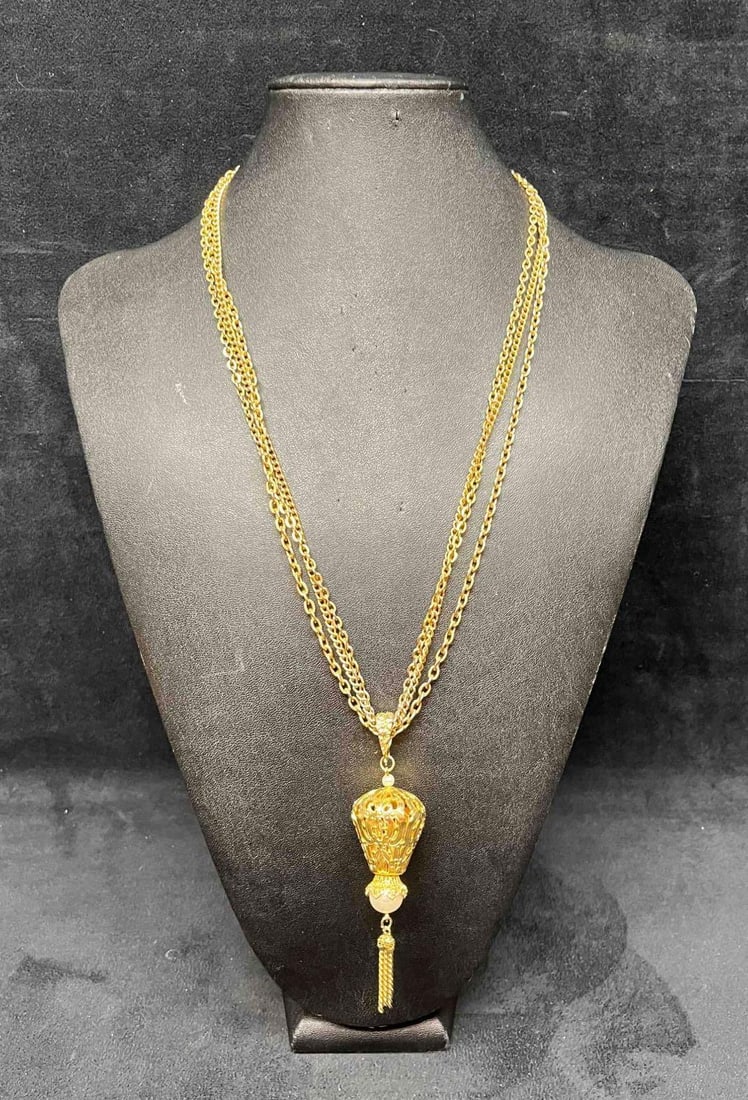 Signed Celebrity Gold Tone Faux Pearl Filigree Tassel Pendant Necklace (1 of 7)