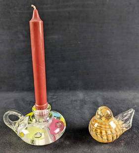 Vintage Joe St Clair Glass Candle Holder & Bird: This lot includes:  (1) Joe St Clair Glass Paperweight Bird. This is approx 4&#34; x 2 1/2&#34; x 3&#34; and it weighs 0.75lb. (1) Joe St Clair Glass Candle Holder With Colorful Flowers. This is appro