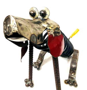 Steel/Iron Folk Art Spring Dog Sculpture: This lot contains a Steel/Iron Folk Art Dog Sculpture. It is approx 19 1/2" x 9 3/4" x 15" and it weighs about 11.5lbs. Overall the&nbsp;Dog Sculpture is in good used condition with some light wear fr