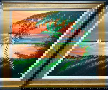 Sunset Boat Al Black Highwayman Original Oil on Canvas: Sunset Boat Al Black Highwayman Original Oil on Canvas  This original oil on canvas by Al Black features a sunset scene with a boat and dock on the waterway. The boat is an uncommon subject in a paint