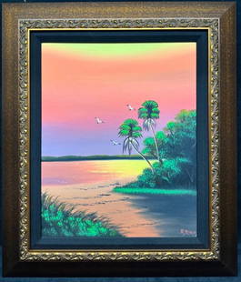Sunset Al Black Highwayman Original Oil on Canvas: Sunset Al Black Highwayman Original Oil on Canvas  This original oil on canvas by Al Black features a pair of palm trees against a sunset sky in a wetland area, a common subject for the Highwaymen.  A