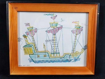 Vintage Peter Pan's Ship Wooden Framed Coloring Book Page Wooden Frame: Vintage Peter Pan&#39;s Ship Wooden Framed Coloring Book Page Wooden Frame  Framed in glass Peter Pan&#39;s ship is preserved in color marker on paper. The picture has detailed descriptions of each ar