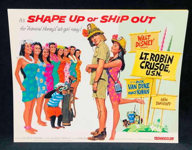 8 Walt Disney Presents LT. Robin Crusoe, U.S.N. Lobby Cards 1966 (4): This lot contains 8 Walt Disney Presents LT. Robin Crusoe, U.S.N. Lobby Cards 1966 (4). This is from the Disney live-action movie starring Dick Van Dyke, Nancy Kwan, and Arthur Malet. Enclosed lobby c