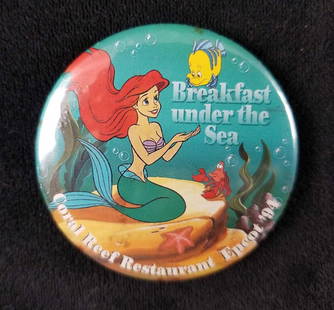 Lot of 466 Epcot Coral Reef Breakfast 1994 Little Mermaid Ariel Flounder Button: This huge lot of 466 Coral Reef Breakfast 1994 Little Mermaid Ariel buttons would make great Disney themed party favors! This button depicts Ariel with her friends Flounder and Sebastian in bold and b
