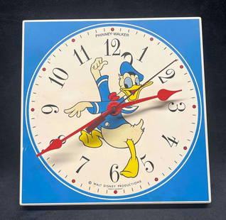 Vintage Phinney-Walker Walt Disney Productions Donald Duck Clock: This lot contains a Vintage Phinney-Walker Walt Disney Productions Donald Duck Clock. Made in Germany. It is approx 7 1/2" x 3/4" x 7 3/4". Total weight is approx 0.3lbs.&nbsp;Overall the Vintage Walt
