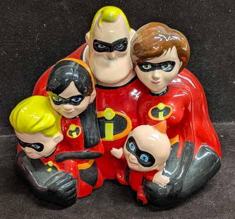 Disney Pixar The Incredibles Family Ceramic Piggy Bank: Disney Pixar The Incredibles Family Ceramic Piggy Bank. By the Enesco Group and is approx 7 1/4" x 8" x 6" and it weighs 1.90lb. The hand painted ceramic bank has some crazing on the bottom. Please se