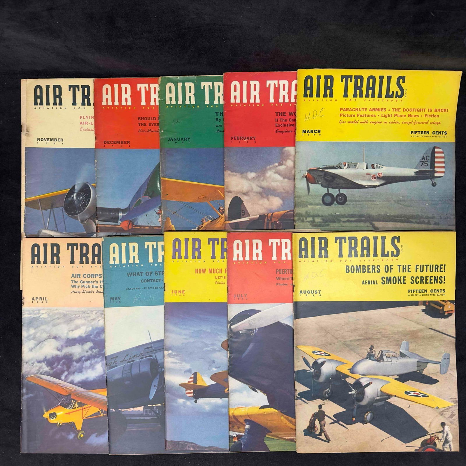 Air Trails Aviation Magazine 1939 and 1940 Lot of 10 Ten Magazines Collection Set (1 of 6)