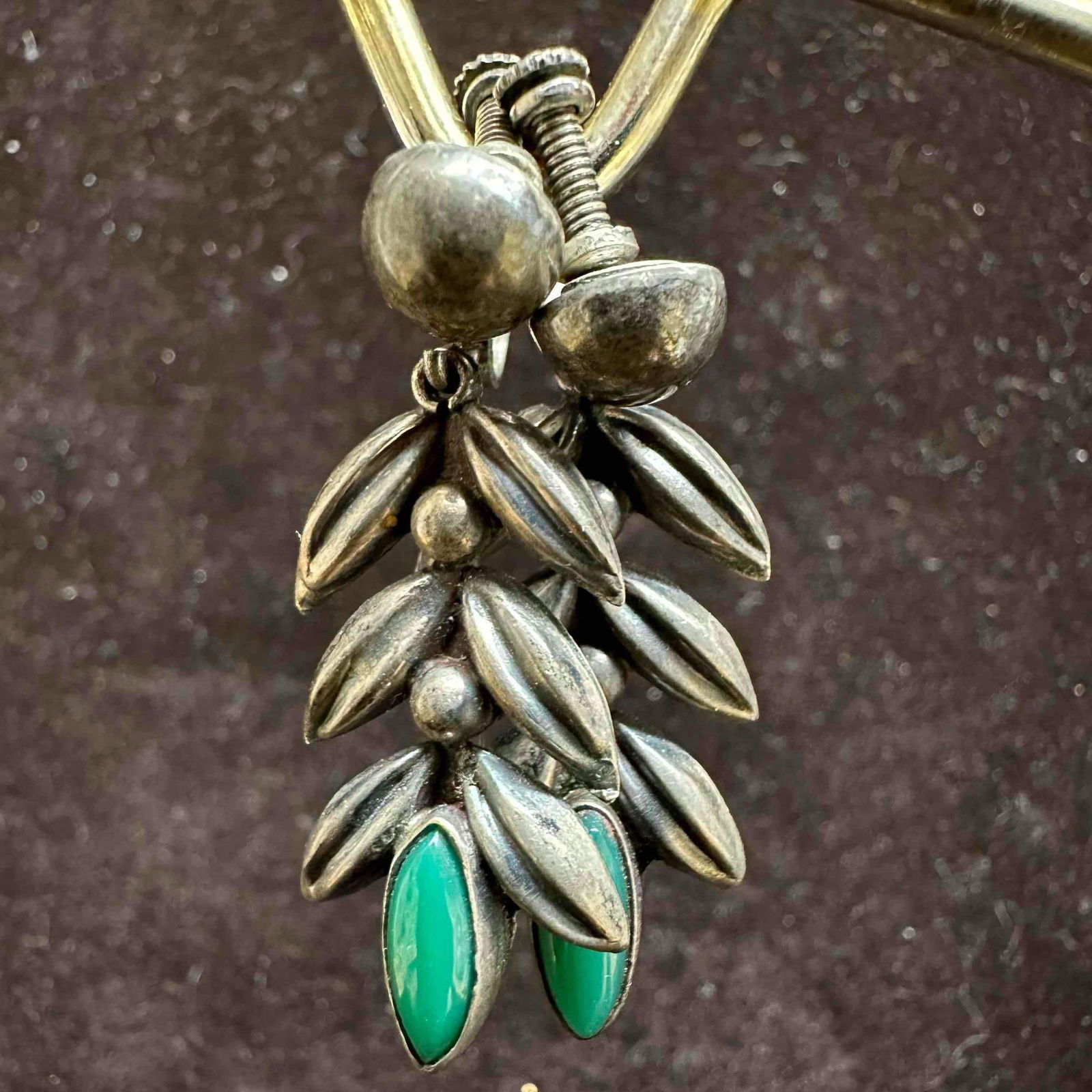 Malachite Green Stone Sterling Leaf Drop Screw Back Earrings (1 of 8)