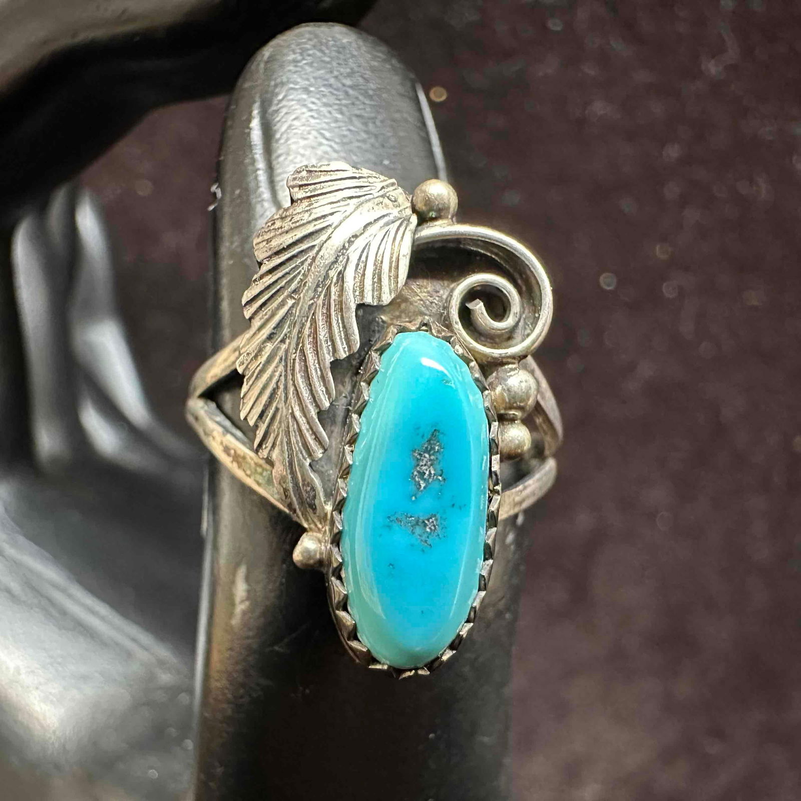 Navajo Native American Style Feather Turquoise Sterling Silver Ring (1 of 8)