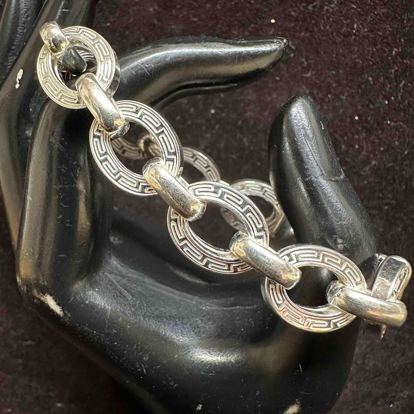 Chino Link 925 Italy Greek Meandros Border Sterling Bracelet: This item is in good pre-owned, previously used/displayed condition with noticeable light wear, and surface scratches. Please reference all photos for full details. This piece of jewelry has been test