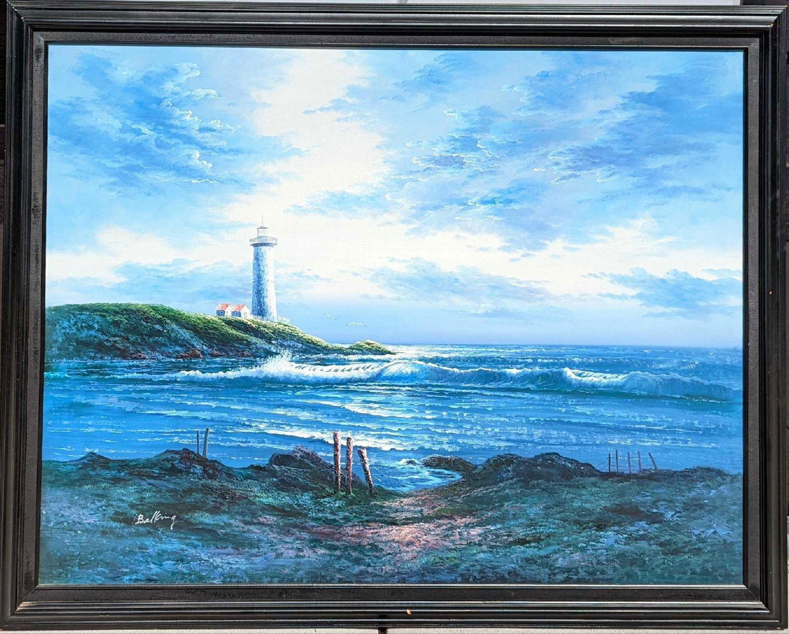 JB Large Original Oil On Canvas Lighthouse Ocean Scene (1 of 8)