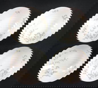 Four Johann Haviland Germany Dessert Porcelain Bowls: This lot consists of four Johann Haviland Germany porcelain dessert bowls. They feature a delicate floral pattern and gold-colored rim. The Gold color on the rim brings out the design inside the bowl.