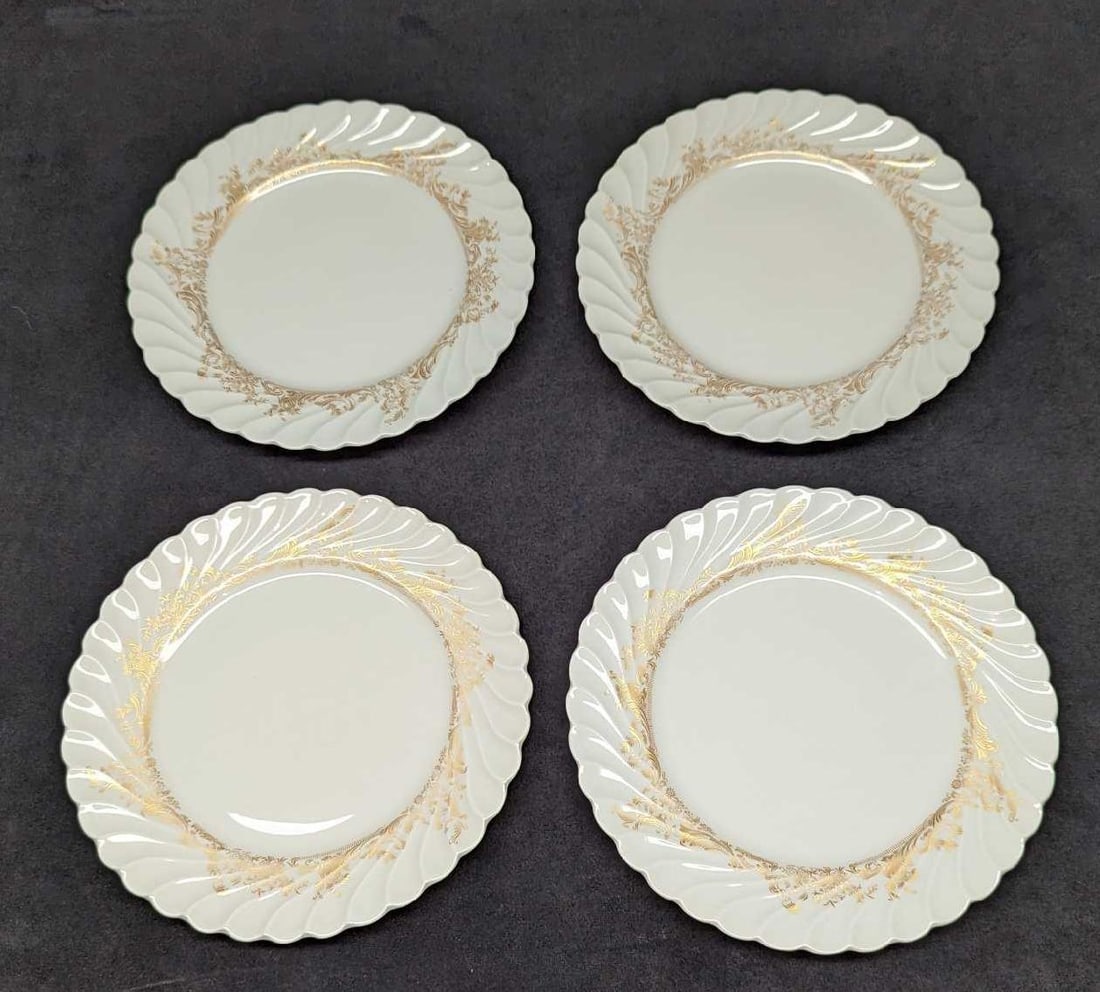 4 Retired Haviland Ladore Salad Plates: 4 Retired Haviland Ladore Salad Plates. This Gold on White series of fine china was released in 1962 - 1988. The salad plates are approx 7 5/8" x 7 5/8" x 3/4" and together they weigh 2.18lbs. The sal