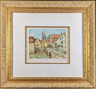 Framed Pierre Eugene Cambier Signed Numbered Litho: Framed Pierre Eugene Cambier Signed And Numbered Color Lithograph called &#34;Le Pont&#34;. French cityscape scene in an impressionistic style. Framed in a beautiful gold frame with a white mat and go
