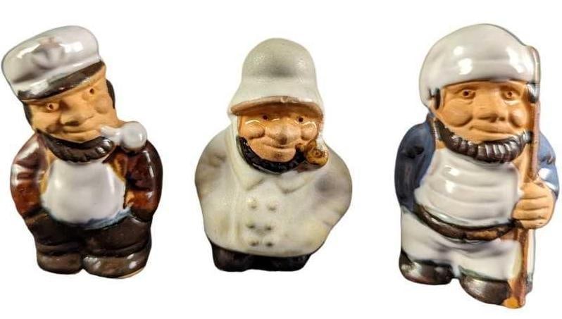 Three Vintage Mini Earthenware Sailor Figurines: Three Vintage Mini Earthenware Sailor Figurines. Each is approx 2 1/2" tall and together they weigh 0.22lb. Includes two fishermen and one captain. These were released in the 1960s. The figurines are