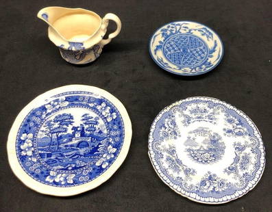 Lot of 4 Assorted Vintage Antique Chinoiseries Blue & White Transferware China Dishes: Lot of 4 Assorted Vintage Antique Chinoiseries Blue and White Transferware China Dishes. Lot includes:  E. Hughes &amp; Co. China - Staffordshire England - Creamer / Small Pitcher 5&#34; x 3-1/2&#34;