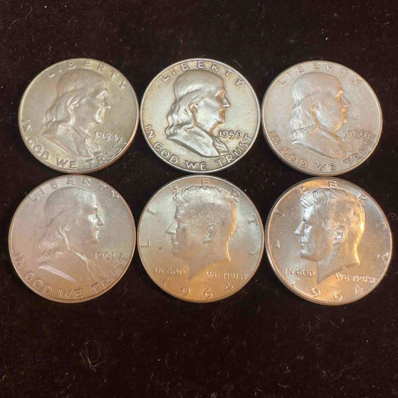 Lot of Six 1964 Kennedy and 1954-1961 Franklin Half Dollars Collection of 6 Coins (1 of 4)