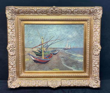 Textured Canvas Print Vincent Van Gogh Fishing Boats On The Beach At Saintes-Maries: This lot contains a Textured Canvas Print Vincent Van Gogh Fishing Boats On The Beach At Saintes-Maries. Van Goghs original was created in 1888 and&nbsp; is currently on display at the Van Gogh Museum