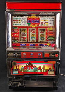 Aladdin Master Pachislo Slot Machine: Aladdin Master Pachislo Slot Machine. Comes with instructions, keys, and over 300 tokens! Was tested and it fully works. Slot machine is approx 18 1/2" x 15" x 33" and weighs 72.5lbs. The bag of token