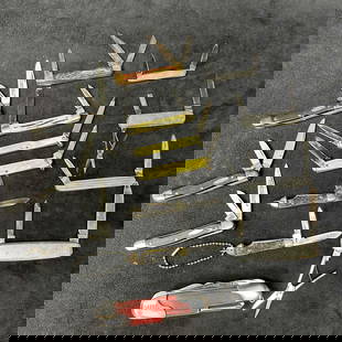 Vintage Pocket Knife Set Lot of Fourteen Ranger Hoffritz NRA Camillus: Several different knife brands included such as Ranger, Hoffritz, Camillus, NRA, and more. A few knives handles are worn with pieces missing, broken. Light rusting or discoloring green coloration on m