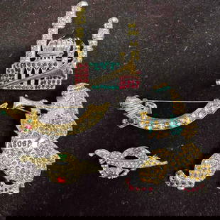 Vintage Rhinestone Jeweled Shriner Fraternal Pin Brooch Set ASOB Scimitar Star Crescent Mosque: This lot includes four vintage Shriner-themed jeweled pin brooches, featuring rhinestones. Highlights include an ASOB band member with bugle, a mosque with minarets, and traditional Shriner scimitars