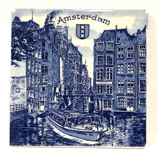 Amsterdam Souvenir Tile Wall Hanging - Blue & White Transferware Delft Style: Amsterdam Souvenir Tile Wall Hanging in Blue and White Transferware / Delft Style. The item measures approximately 6" x 6" x 1/4" and it weighs about 0.5lbs. Overall the Amsterdam Tile Wall Plaque is