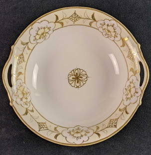 Vintage Nippon Handpainted Raised Gold Moriage Serving Bowl W Handles: Vintage Nippon Handpainted Raised Gold Moriage Serving Bowl With Handles. Is approx 10" x 10" x 2" and is in a good, vintage condition with some wear to the gold trim along with some small markings an