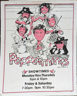 Vintage Mickey Finn's Peppermints Show Sign: Vintage Mickey Finn's Peppermints Show Sign. This cardboard sign is approx 22" x 28" and it weighs 0.87lb. The vintage sign has some corner creases and markings. Please see the images as they are part