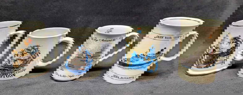 4 Ship Themed Mugs: 4 Ship-Themed Mugs. This lot consists of:  (1) Norman Rockwell &#39;For A Good Boy&#34; Porcelain Mug. The mug is approx 4&#34; x 3 1/4&#34; x 4 1/4&#34; and it weighs 0.73lb. Was originally sold at t