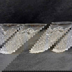 Imperial Daisy Clear Pressed Cut Crystal Glass Three Glasses Set: Imperial Daisy Clear Pressed Cut Crystal Glass Three Glasses Set. Crystal etched glass art cup set of three (3) glasses. Light chips and cracks along the edges of one glass, one has a noticeable crack