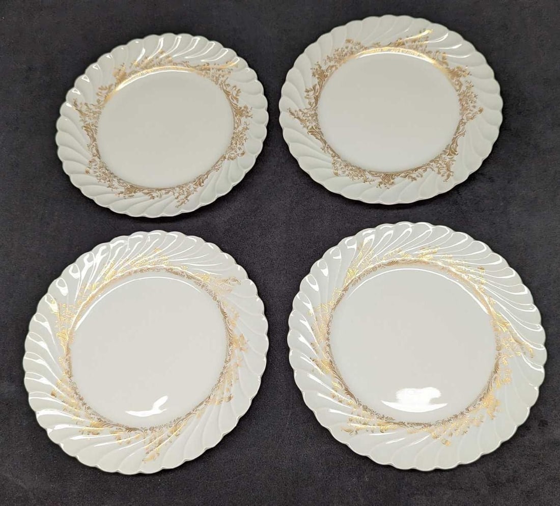 4 Retired Haviland Ladore Salad Plates: 4 Retired Haviland Ladore Salad Plates. This Gold on White series of fine china was released in 1962 - 1988. The salad plates are approx 7 5/8" x 7 5/8" x 3/4" and together they weigh 2.18lbs. The sal