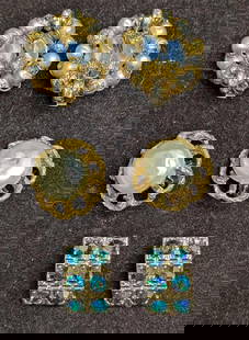 3 Sets Of Gold Tone Faux Pearls And AB Crystal Clip On Earrings: 3 Sets Of Gold Tone Faux Pearls And AB Crystal Clip On Earrings. This lot includes:  (1) Set Of Gold Tone AB Crystals Clip On Earrings. Each is approx 7/8&#34; x 1/2&#34; x 1/2&#34; (1) Set Of Gold To