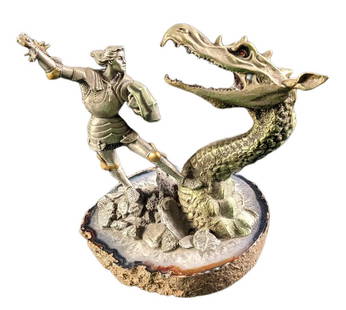 Hudson New Age Pewter Knight Vs Dragon Figurine: Hudson "New Age" Pewter Knight Fighting Dragon With Natural Druzy Quartz Geode Base. This was released in 1989. Is approx 6" x 5" x 7" and it weighs 3.68lbs. The figurine is in a good, unused conditio
