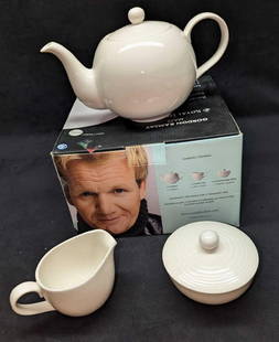 Royal Doulton Gordon Ramsay 3-Piece Beverage Set: Royal Doulton Gordon Ramsay 3-Piece Beverage Set. This lot includes: (1) 10 Oz. Fine China Creamer. This Is Approx 5 1/4" X 3 1/4" X 3 1/8". (1) 10 Oz. Covered Sugar. This Is Approx 4 1/4
