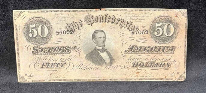1864 $50.00 Confederate States Of America Richmond Currency Note (B): This lot contains a 1864 $50.00 Confederate States Of America Richmond Currency Note (B). Obverse: Jefferson Davis, President of the C.S.A. It is approx 3/4" x 7 1/4". Total weight is less than 1gram.