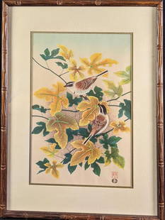 Vintage Framed Ukiyo-e Framed Woodblock Print Birds: This woodblock print is called. "Bunting And Fatsia Japanica". This is an original woodblock print that was pulled at the Uchida Atelier in Kyoto, Japan. The Japanese characters on the print are the a