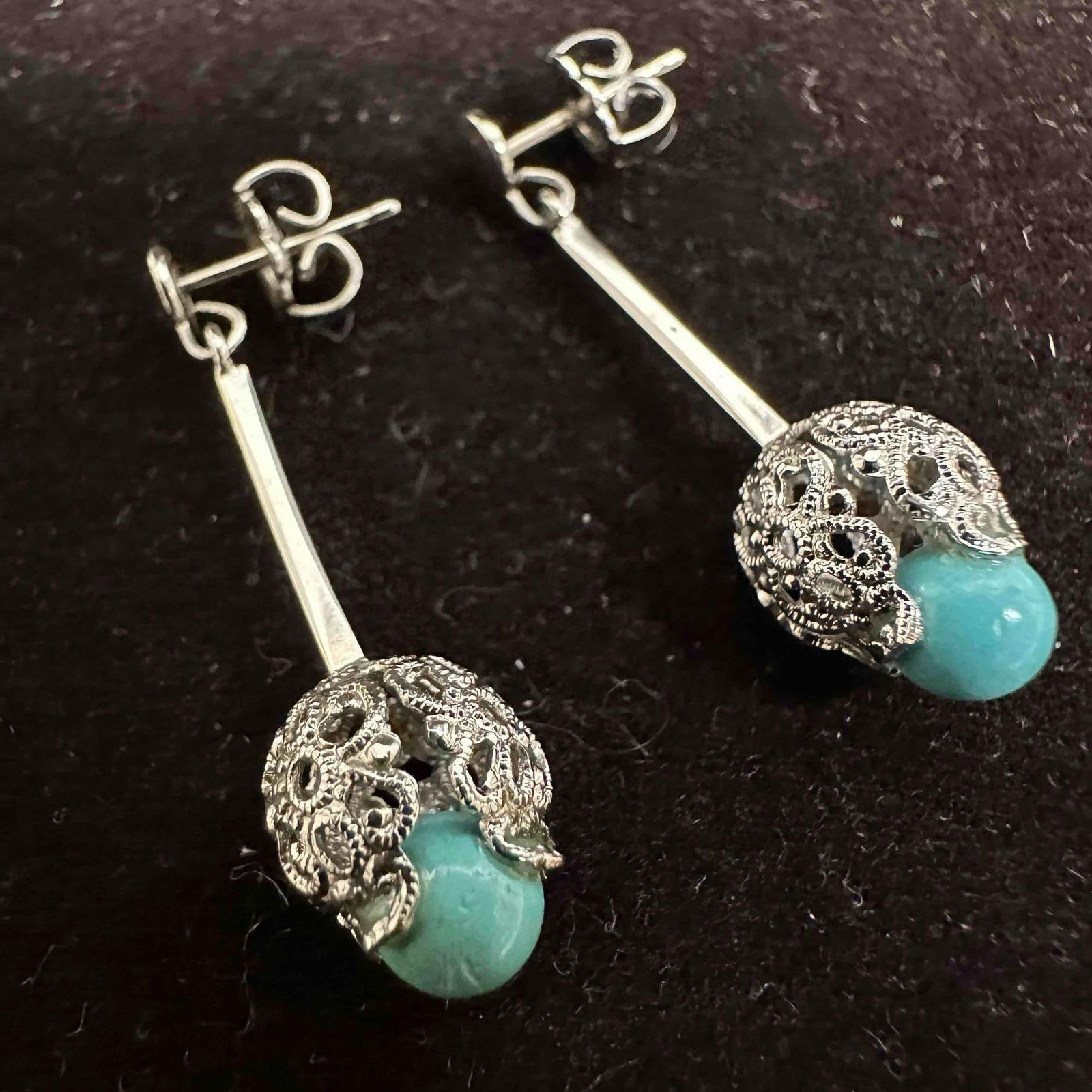 Vintage Wells Sterling Turquoise Squash Blossom Drop Dangle Earrings D93 (1 of 10)