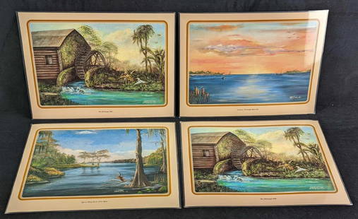 4 Mary Quinnan Whittle Old Florida Art Placemats: This lot includes:  (1) Cypress Along The St John&#39;s River. (1) Sunrise At Fort George River Inlet. (2) The Old Juniper Mill.  The placemats are approx 15&#34; x 11