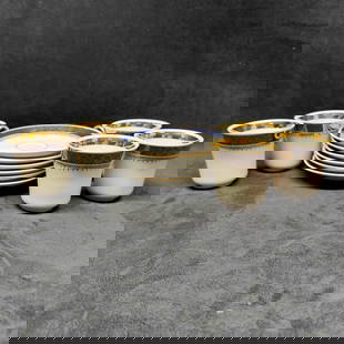 Hand Painted JSK Czech Czechoslovakia Blue White Gold Tea Cups and Small Plates Eleven 11 Dish Set: Hand Painted JSK Czech Czechoslovakia Blue White and Gold Tea Cups and Small Plates Eleven 11 Dish Set. This elegant cobalt blue dish set includes six small plates with five teacups. Each piece has a